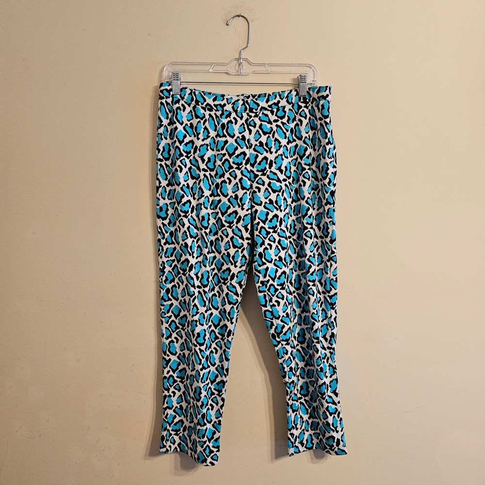 Joan Vass Leopard Pant Womens 12/14 Turquoise Blue Cotton Knit Cropped NWT
